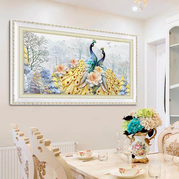 欧式餐厅装饰画壁画餐桌背景画墙画孔雀单幅挂画简欧卧室画床头画