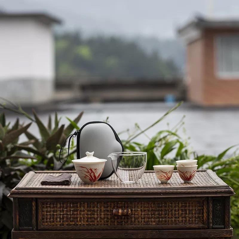 宁暄陶瓷旅行茶具一壶三杯便携式快客杯盖碗套组便携快客杯