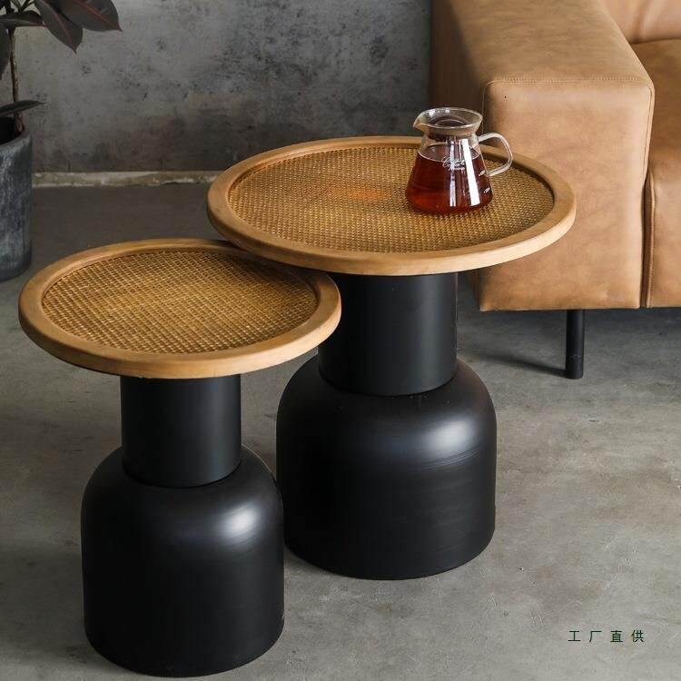 诧寂风客厅沙发边几实木床头茶几中古风铁艺角几复古小圆桌藤编桌