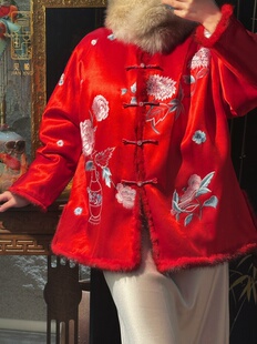 红胜火|真丝刺绣夹棉水貂毛新中式棉衣