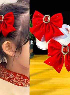 批发新年款发夹幼儿园表演儿童红色蝴蝶结小女孩过年喜庆头花摆摊