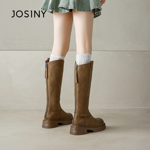 卓诗尼厚底长筒骑士靴子女2025新款冬季保暖加绒加厚小个子高筒靴