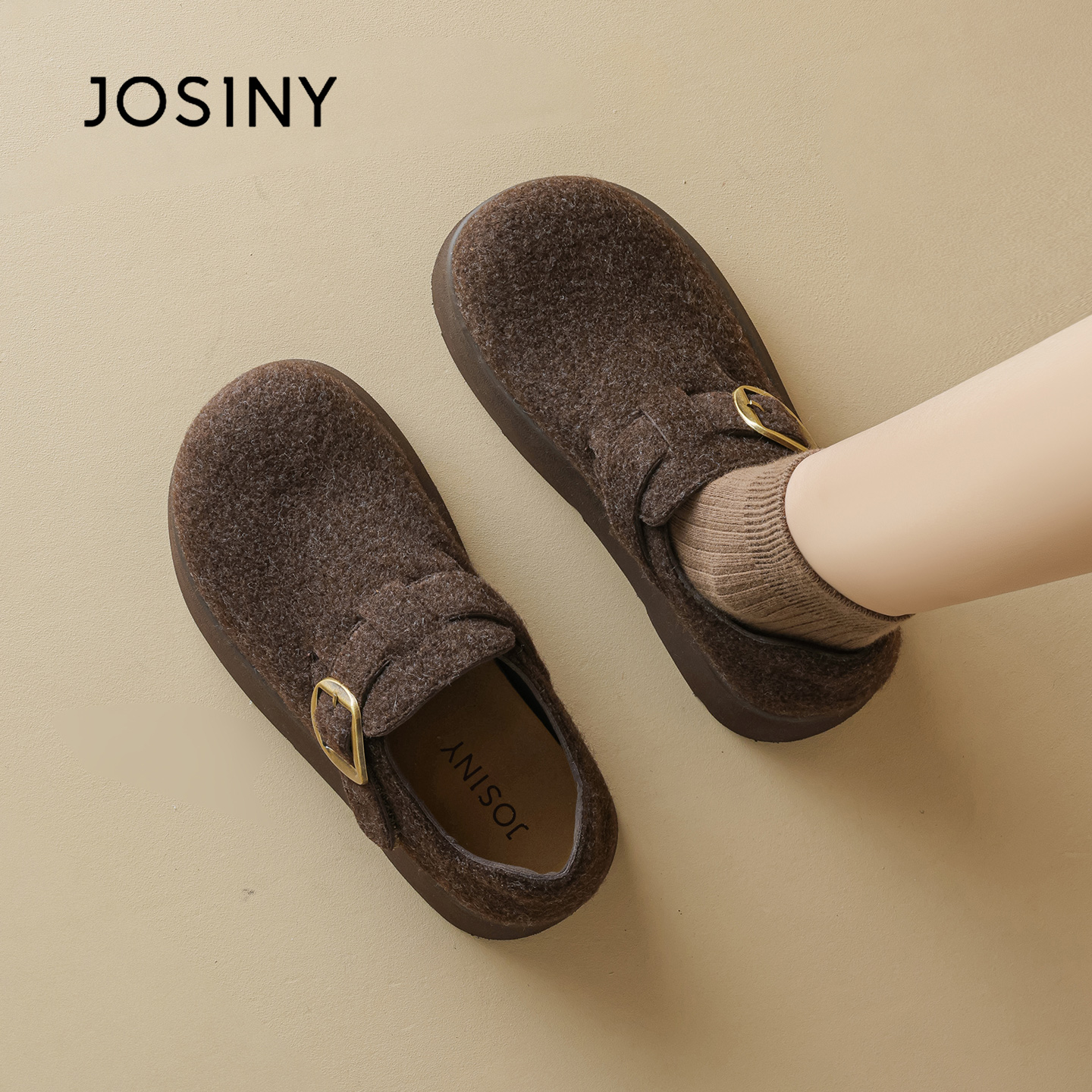 卓诗尼厚底勃肯鞋女2025秋冬新款增高博肯鞋不累脚绒面一脚蹬单鞋