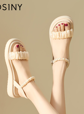 卓诗尼厚底凉鞋女白色2024春夏新款仙女风平底珍珠一字带沙滩女鞋