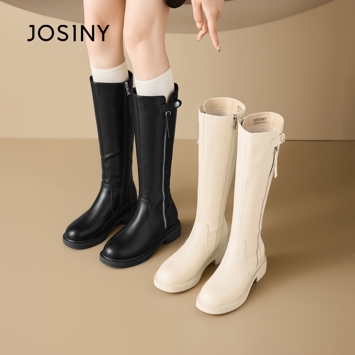 卓诗尼厚底小个子长筒靴子女2025新款秋冬保暖加绒英伦高筒骑士靴