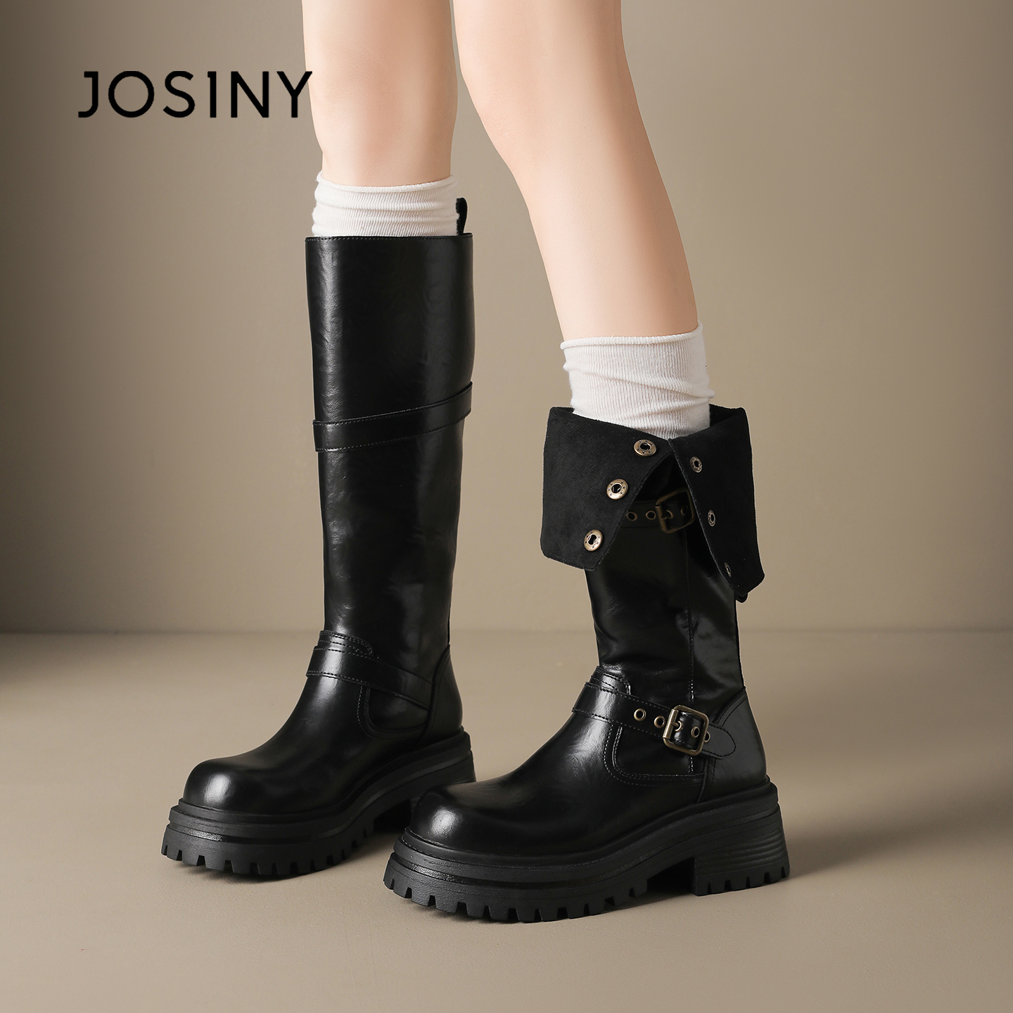 卓诗尼厚底高筒骑士靴子女款2025新款秋冬加绒增高机车显瘦长筒靴
