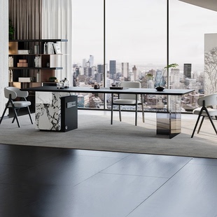 宝格丽白岩板茶桌新中式茶桌简约客厅家用办公室别墅极简泡茶桌