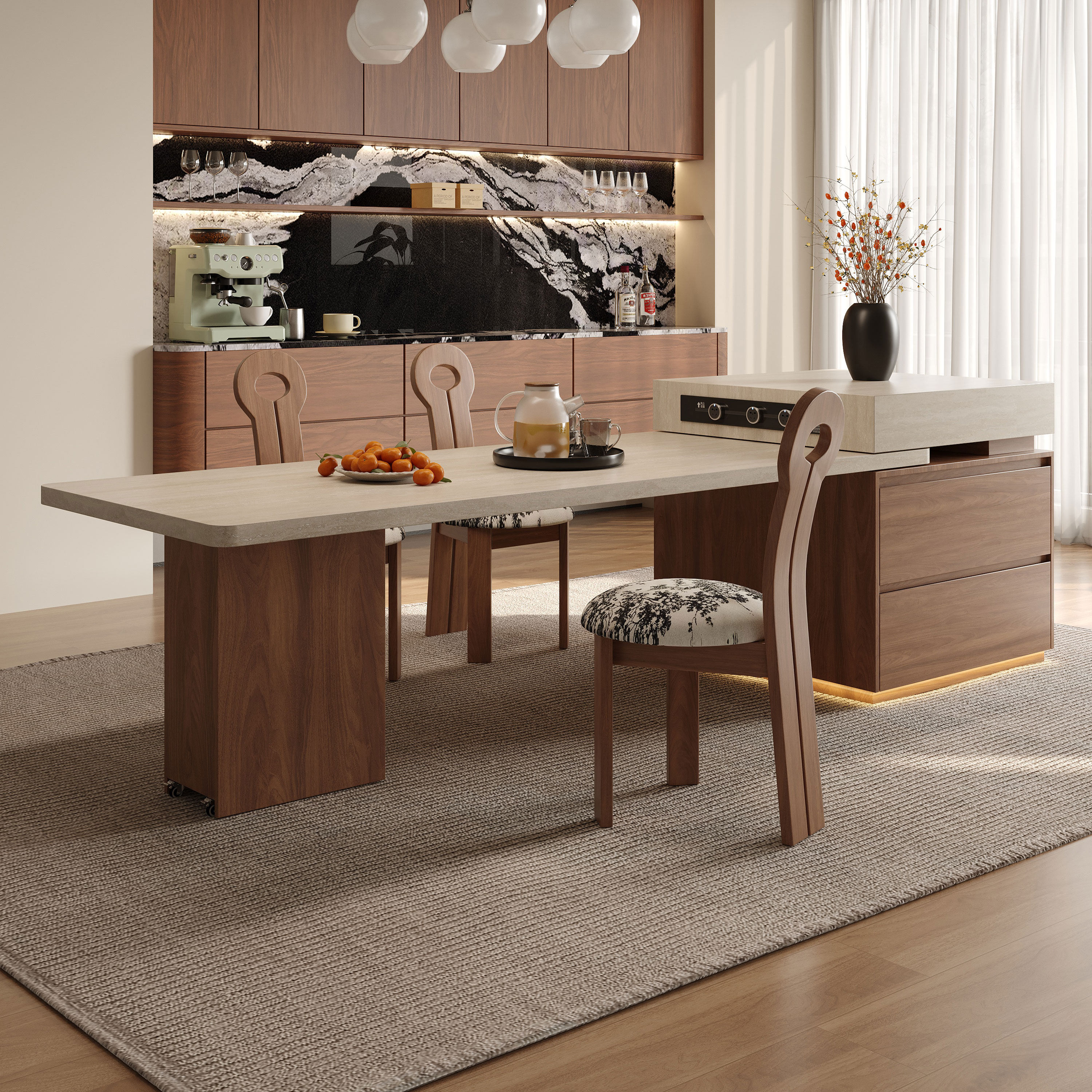 意式极简岩板伸缩岛台餐桌家用客餐厅多功能可泡茶带电磁炉中岛台