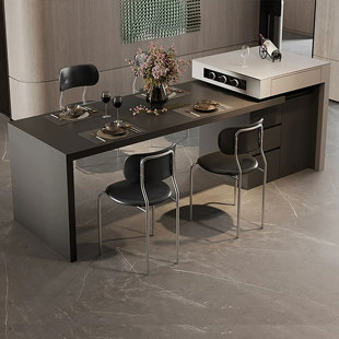 意式 现代纯黑岩板岛台餐桌一体小户型家用多功能可伸缩厨房中岛台