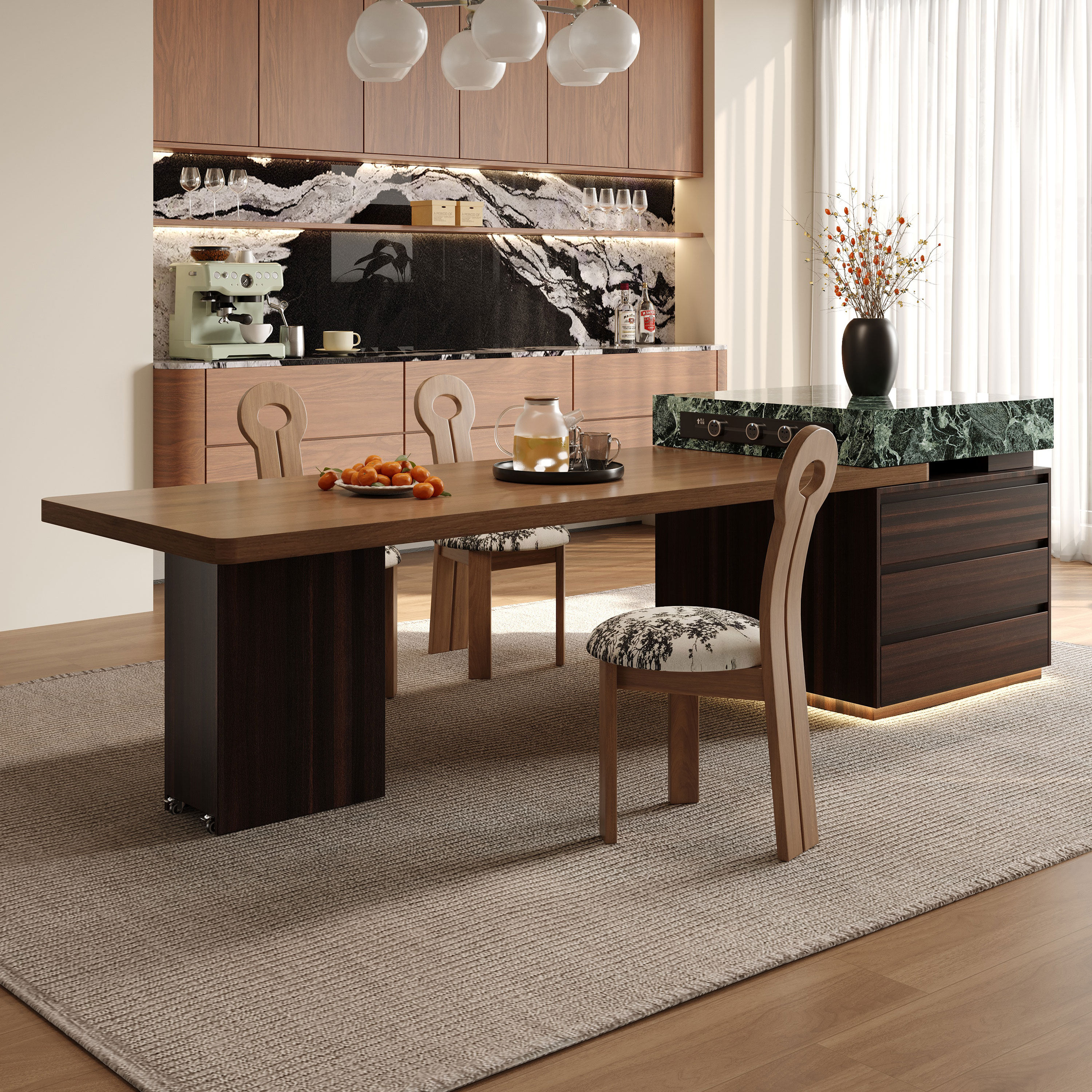 中古风岩板可伸缩岛台餐桌一体实木多功能高级感倒台小户型餐导台