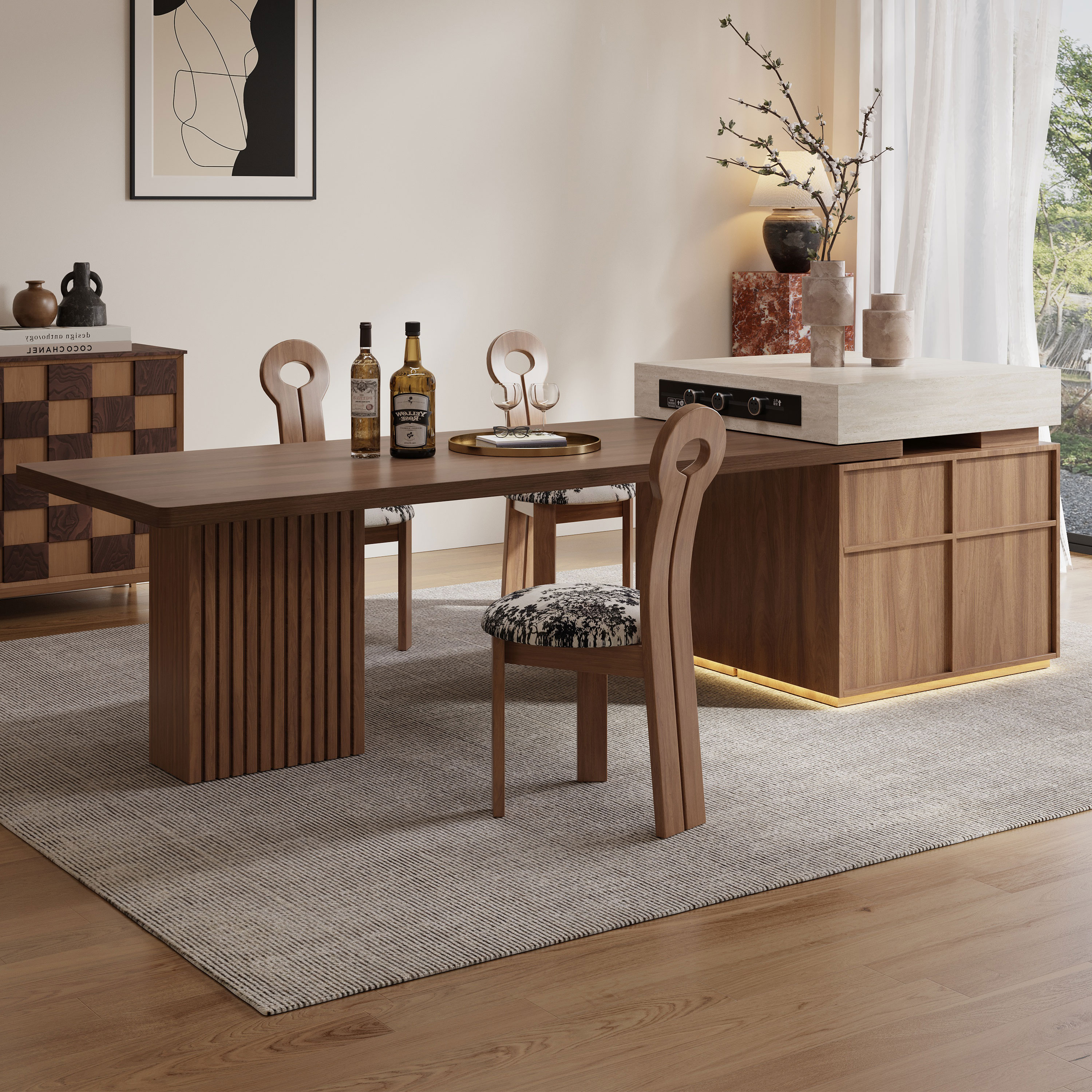 可伸缩岛台餐桌一体家用多功能洞石岩板中古风餐岛台一体