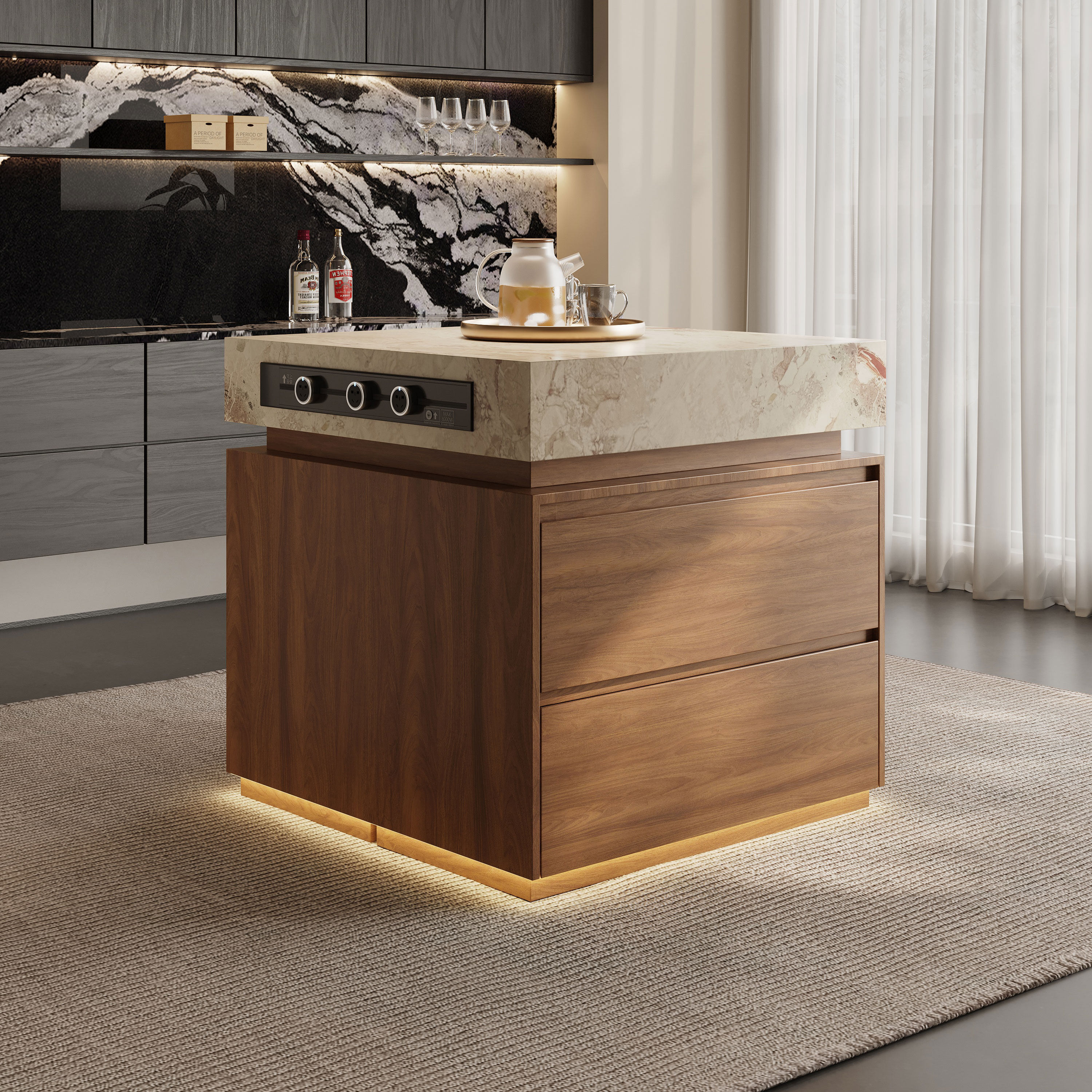 意式莫奈花园岛台柜单独开放式厨房岩板可移动吧台餐桌一体柜