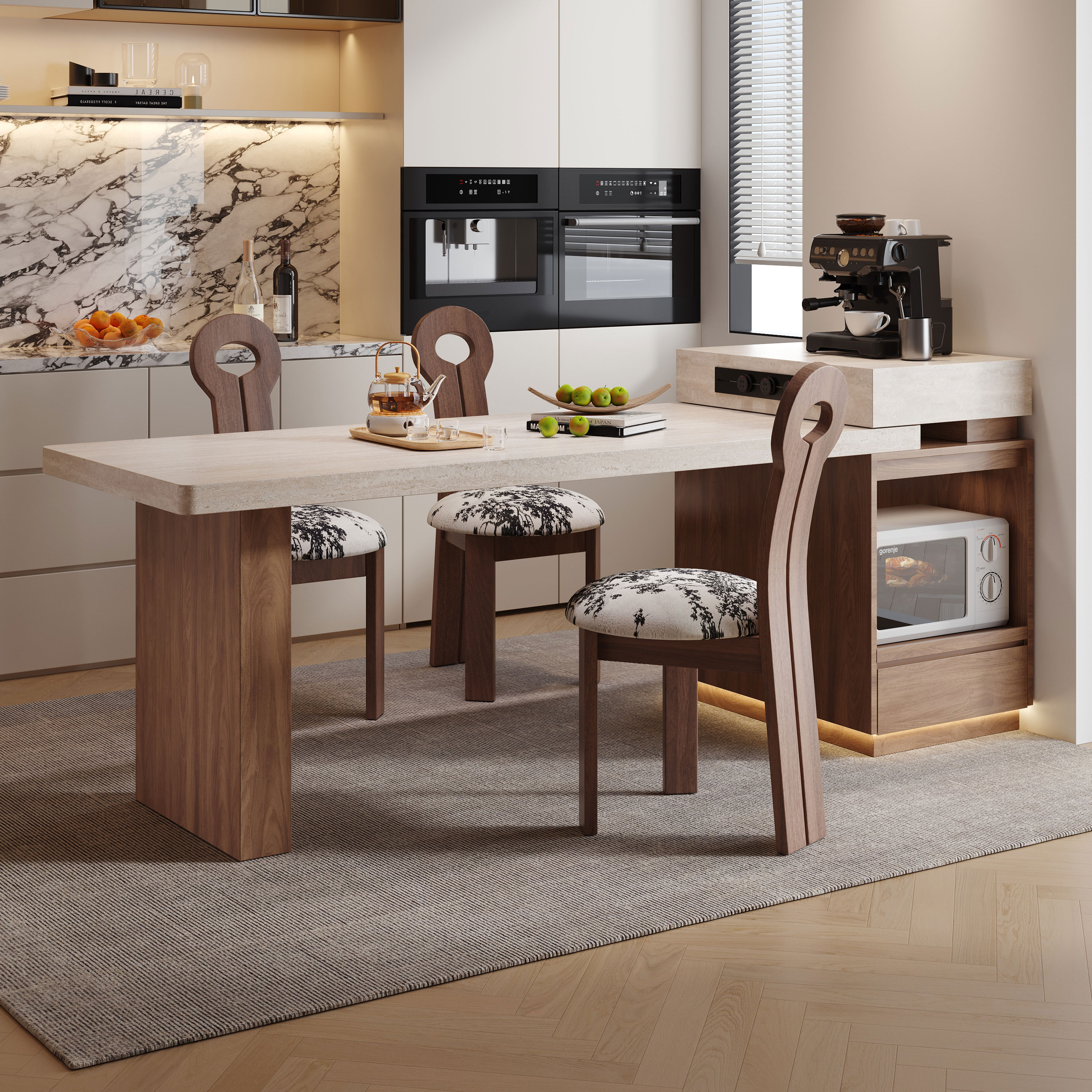 洞石下挂岩板岛台餐桌一体家用伸缩北欧小户型开放厨房靠墙中导台