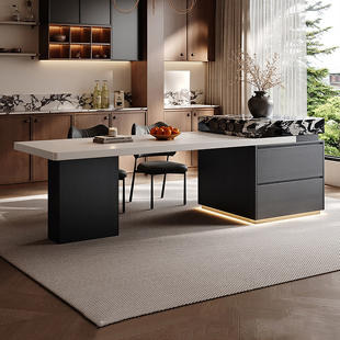 岛台餐桌一体可伸缩饭桌家用多功能带储物吧台意式 极简岩板中岛台