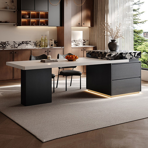岛台餐桌一体可伸缩饭桌家用多功能带储物吧台意式极简岩板中岛台