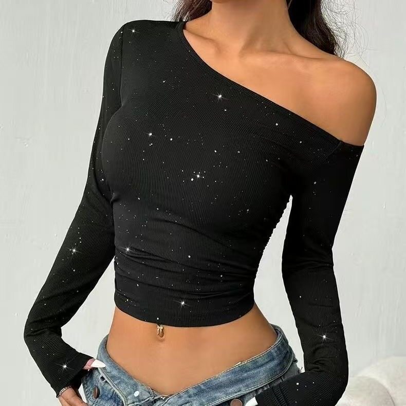 肚皮舞上衣女斜肩长袖T恤女开春纯欲辣妹修身显瘦短款设计感上衣