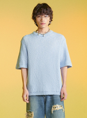 MLMR24春季新款圆领落肩袖镂空短袖T恤上衣双层针织糖果色情侣款