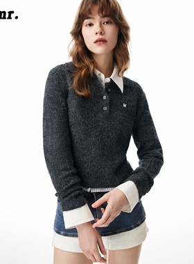 MLMR冬季新款翻领纯色插肩袖刺绣图案合体短款毛衣针织衫男女