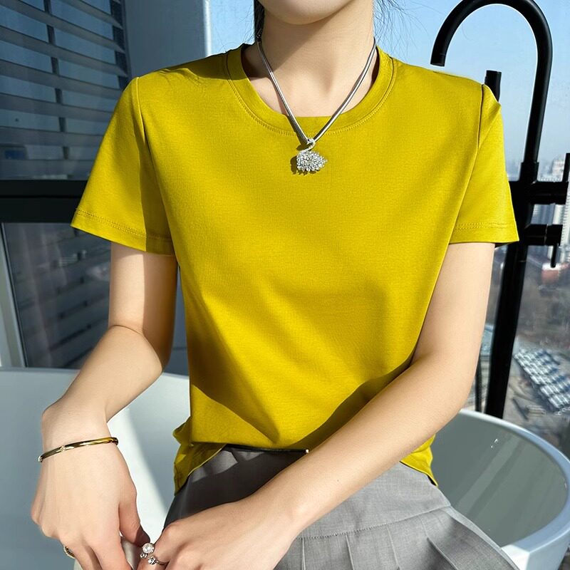 芥末黄丝光棉短袖t恤女夏季上衣新款100纯棉半袖体恤圆领宽松显瘦