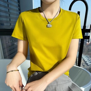 体恤圆领宽松显瘦 芥末黄丝光棉短袖 t恤女夏季 上衣新款 100纯棉半袖