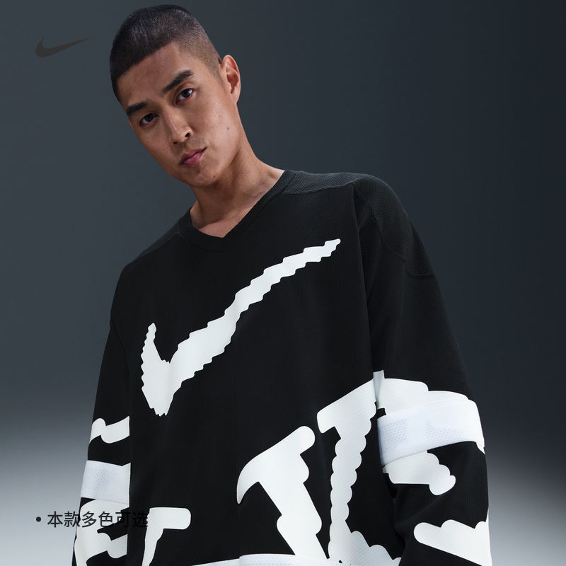耐克/NIKE男子运动休闲超宽松印花网眼V领长袖T恤HV1138-010-100