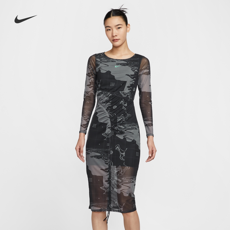 耐克/NIKE女子运动休闲透气网纱新款中长款长袖连衣裙HM4953-084