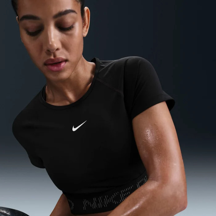 耐克/NIKE女子PRO修身高腰印花速干训练运动短袖T恤HM6370-010