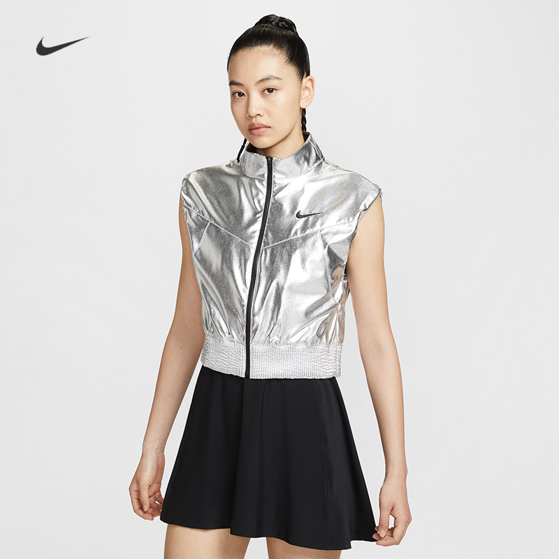 耐克/NIKE女子运动休闲金属银立领防风网球马甲背心IH1703-095