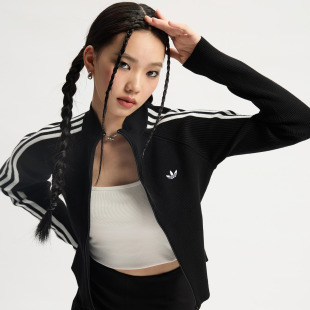 阿迪达斯三叶草女子运动休闲露脐短款 JY2599 针织夹克外套JY2597