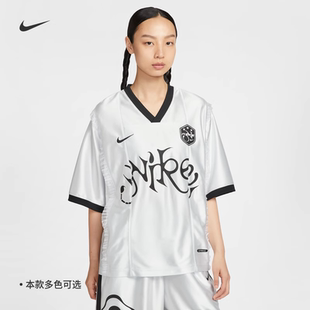 耐克/NIKE女子运动宽松休闲球衣风印花V领短袖T恤II1939-095-410