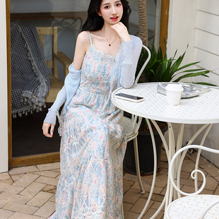 情花子2件套夏季新款法式复古碎花刺绣吊带连衣裙女中长款裙子