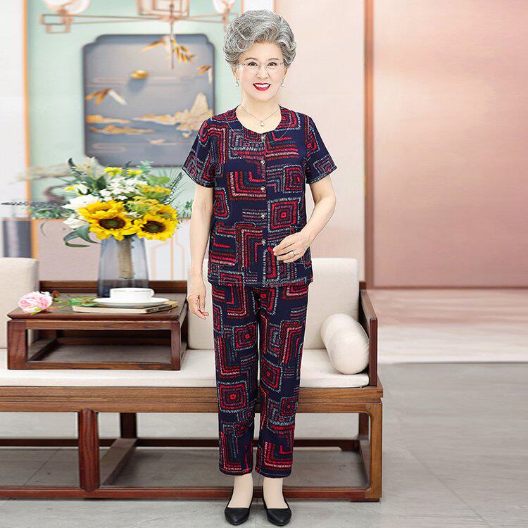中老年妈妈两件套老人衣服短袖家居服女装奶奶夏装棉绸睡衣老年人