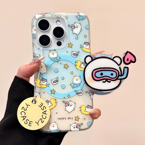渐变潜水员自嘲熊磁吸支架适用A5/OPPO Reno15/14/13/12F手机壳Find X9/X8S+X7ultra/A98/72卡通A6pro/A3/A58