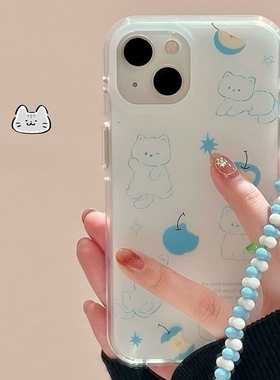 韩系ins蓝色线条猫咪硬壳Find X8适用OPPO A3/Reno13手机壳链条挂绳10PRO大孔9/5纯色K12/A72/7/A58/8/X6/1/2