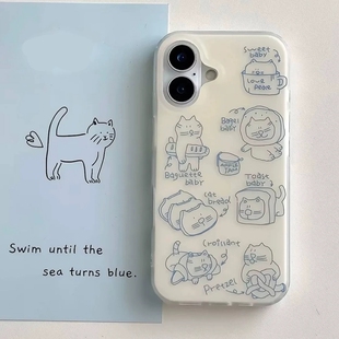 可爱简笔蓝色线条猫咪适用1加15/ACE6/5至尊13t手机壳一加12女款1+98全包oneplus10R新款ACE3pro防摔11/ACE2V
