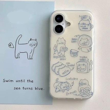 可爱简笔蓝色线条猫咪适用小米17/14/15手机壳k70/60PRO红米K90小众K80至尊Note15/13女12新款11防摔civi5PRO