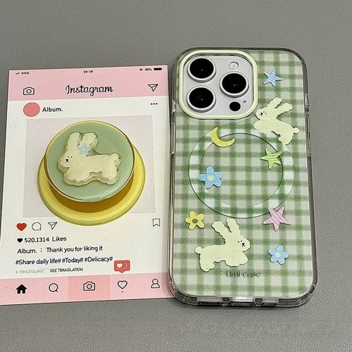 绿格子花朵兔子磁吸支架适用A5/OPPO Reno15/14/13/12F手机壳Find X9/X87ultra/A72创意A6pro/K13/A3X防摔A58