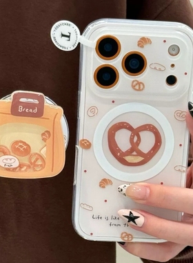 卡通白底碱水面包磁吸支架适用小米17/14/15手机壳k70红米K50新款K60/80至尊Note15/13/12女Turbo4硬civi5PRO