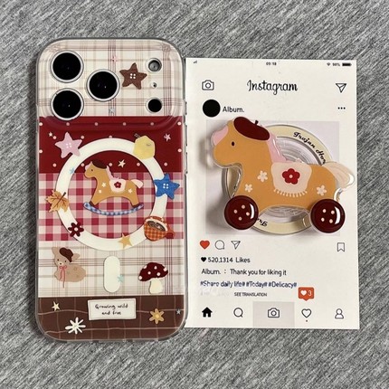 格纹拼接小马旋转磁吸支架适用小米17/14/15手机壳k70/60PRO红米K90/K80至尊Note15/13/11卡通12防摔civi5PRO