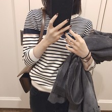 毛衣 女宽松慵懒风套头条纹圆领上衣长袖 2019初秋季 内搭打底针织衫
