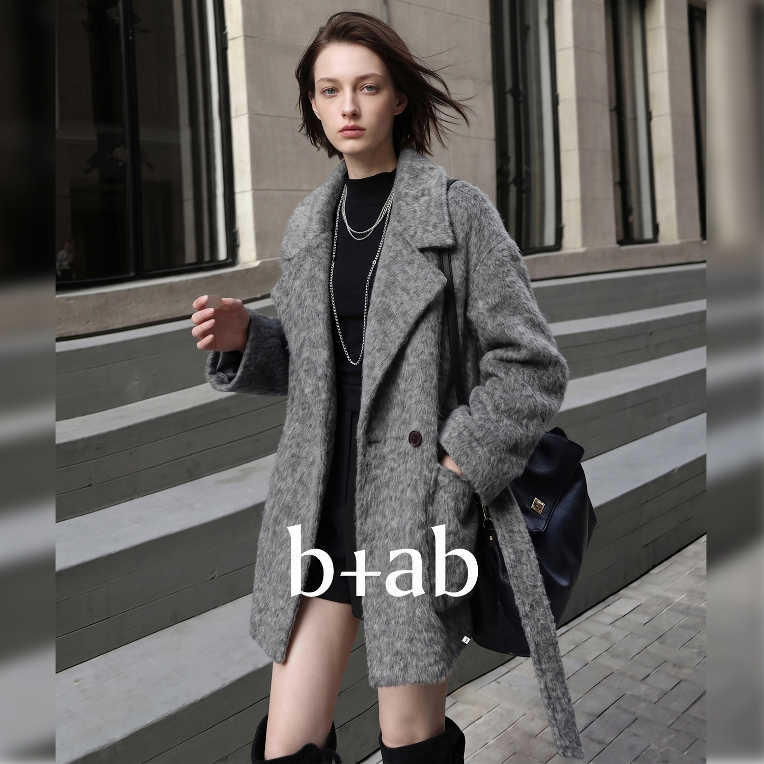 it b+ab 2026冬季新款毛呢女大翻领系带收腰中长款慵懒气质大衣