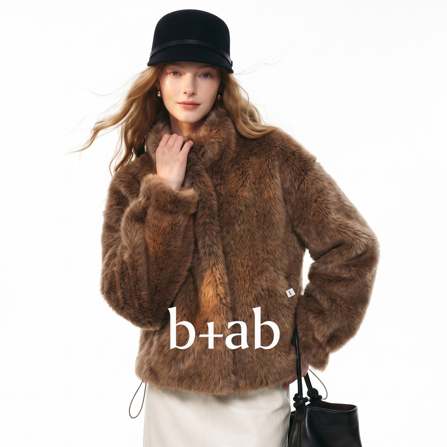 it b+ab 2026冬季新款短外套咖啡色毛绒无领常规袖女款外穿上衣款