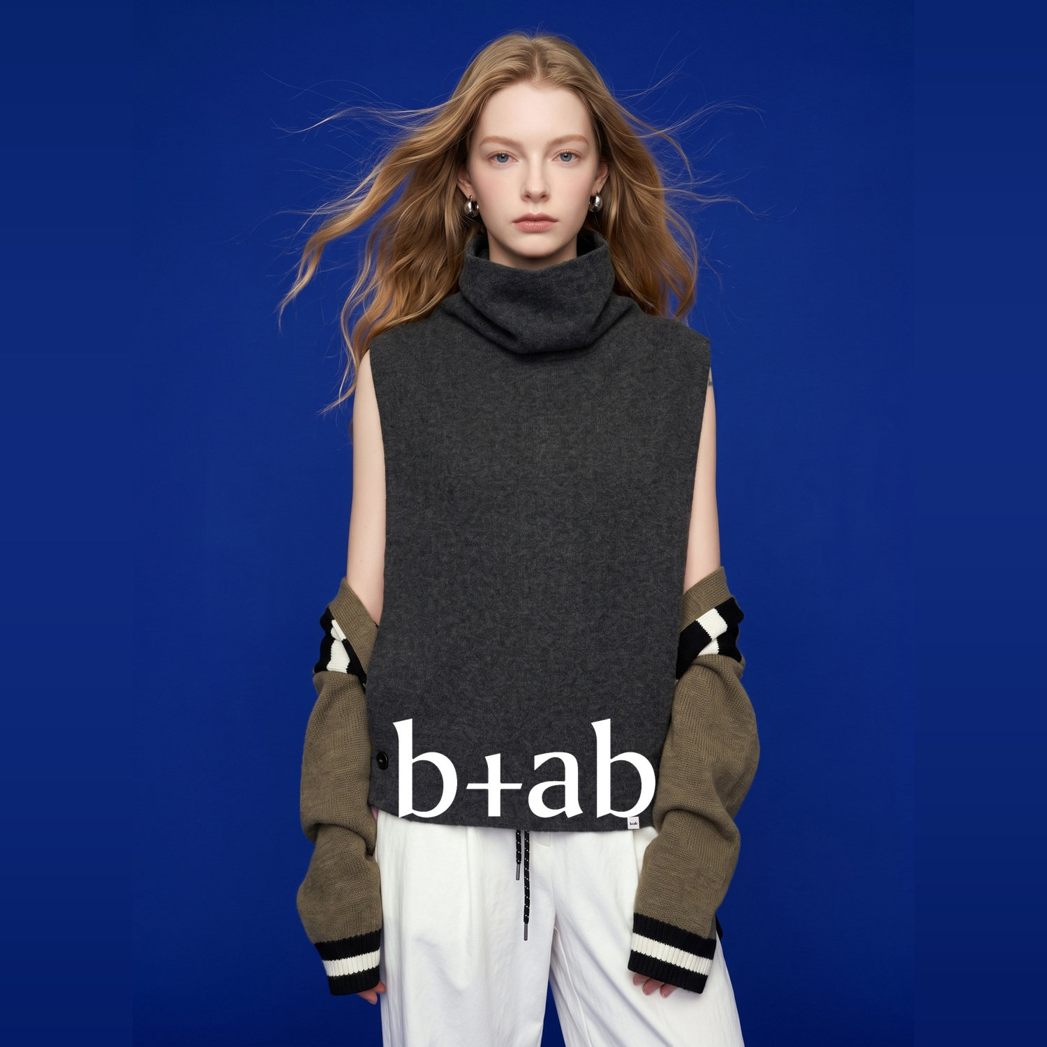 it b+ab 2026秋季深灰色高堆堆领针织马甲女慵懒无袖坎肩叠穿背心