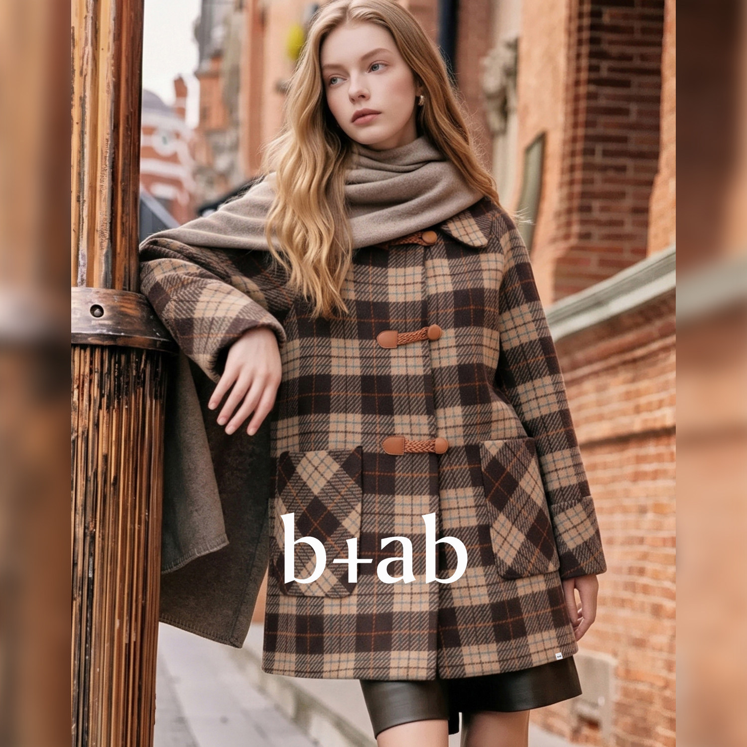 it b+ab 2026冬季新款毛呢外套格子呢大衣牛角扣中长款女款设计感