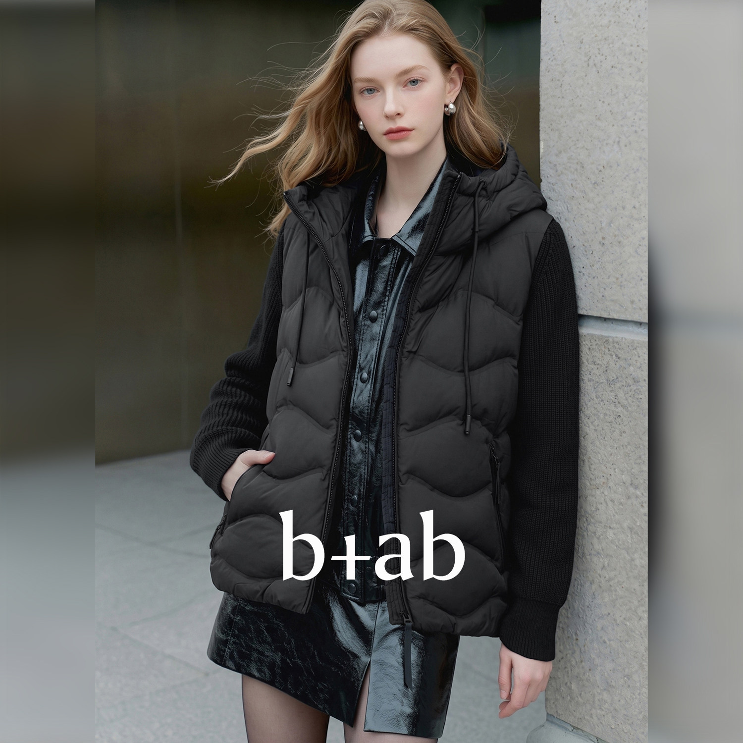 it b+ab 冬季新款黑色羽绒服女针织拼接设计连帽宽松休闲气质外套