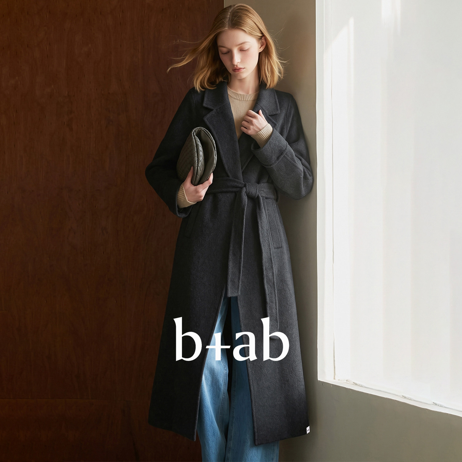 it b+ab 2026冬季新款黑色毛呢大衣女长款西装领宽松双面呢外套