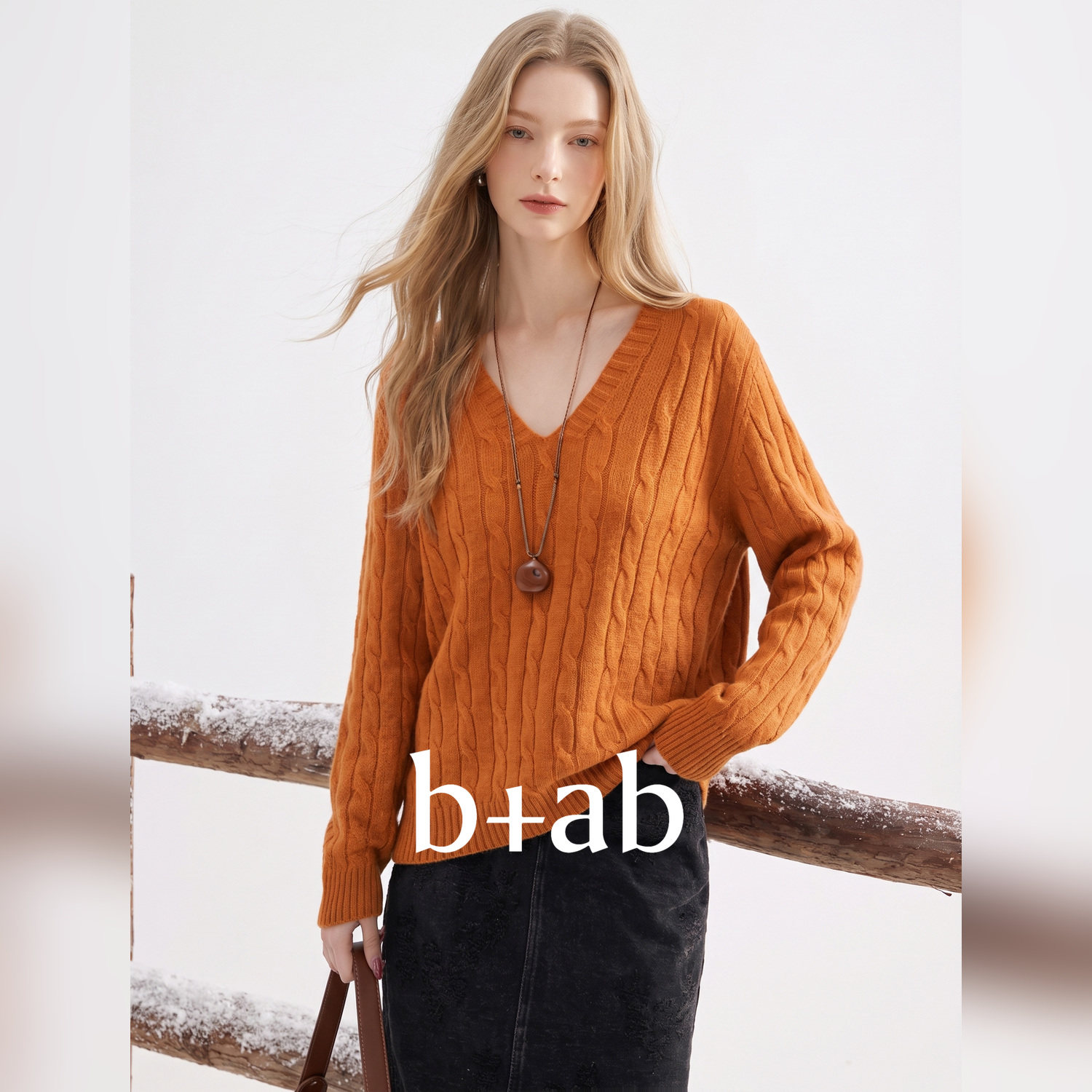 it b+ab橙色V领麻花针织衫女简约休闲百搭毛衣秋冬内穿外搭上衣