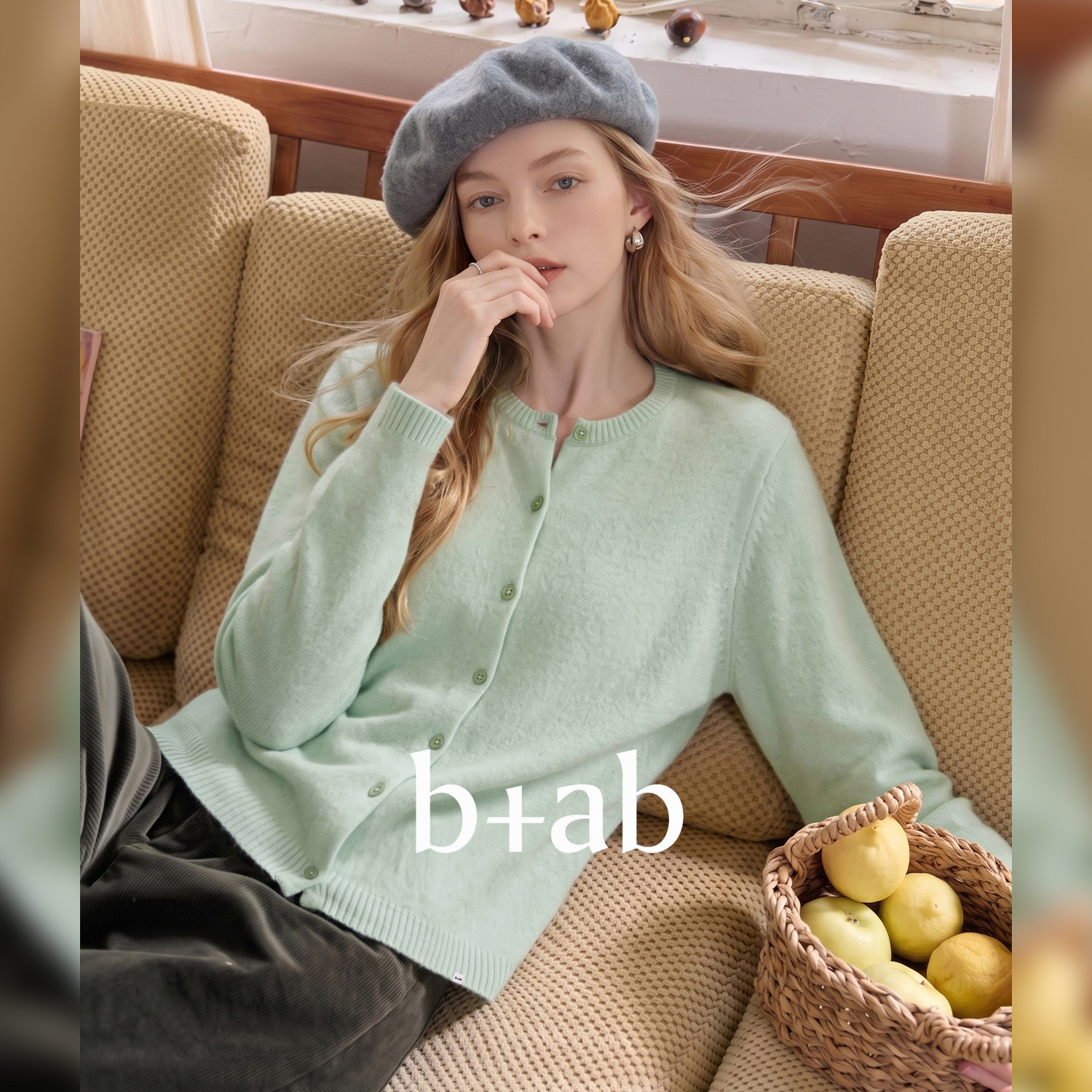 it b+ab 女装毛针织衫绿色纽扣开衫长袖圆领适中版型女款内搭