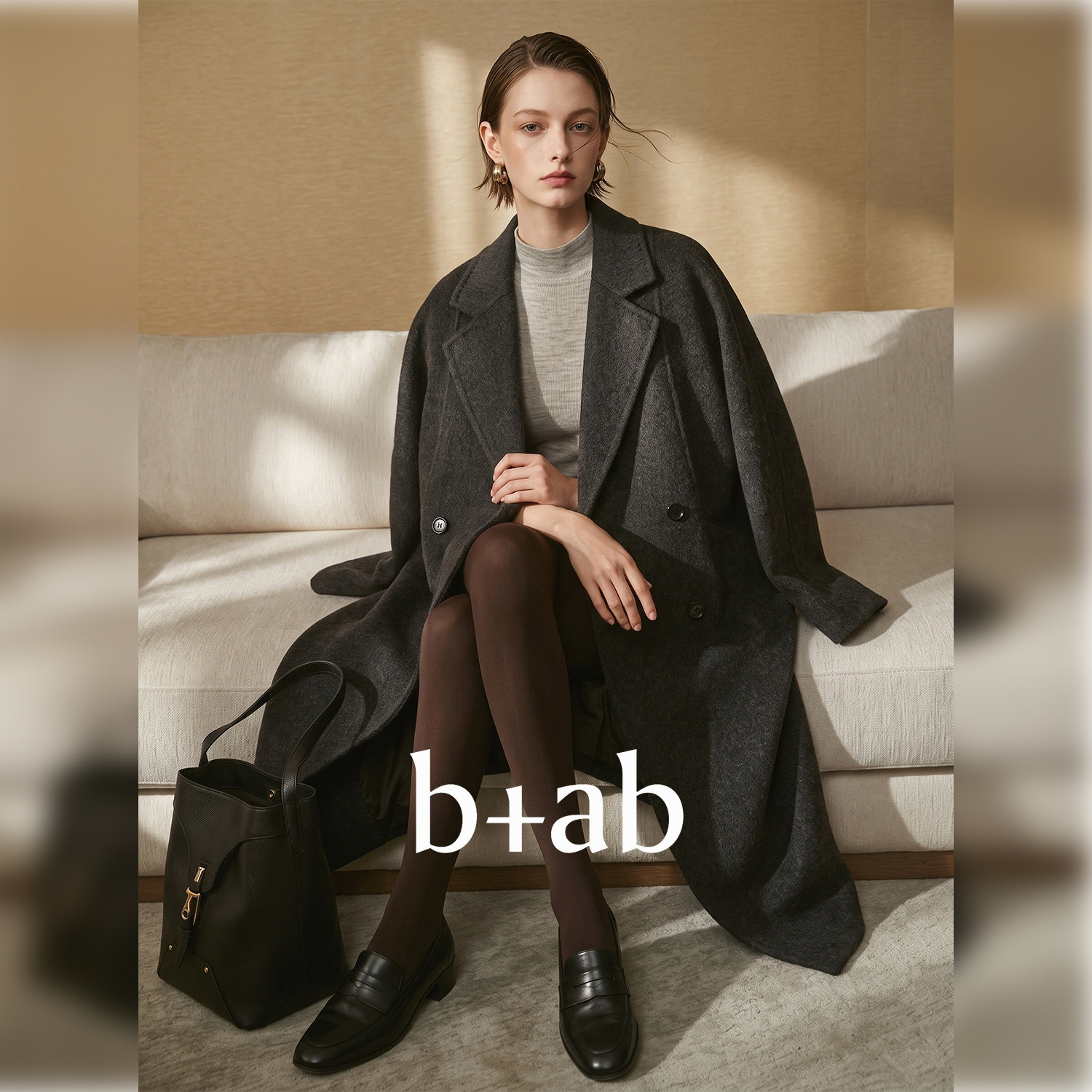 it b+ab 2026冬季新款深灰色毛呢大衣女长款西装领双排扣气质外套