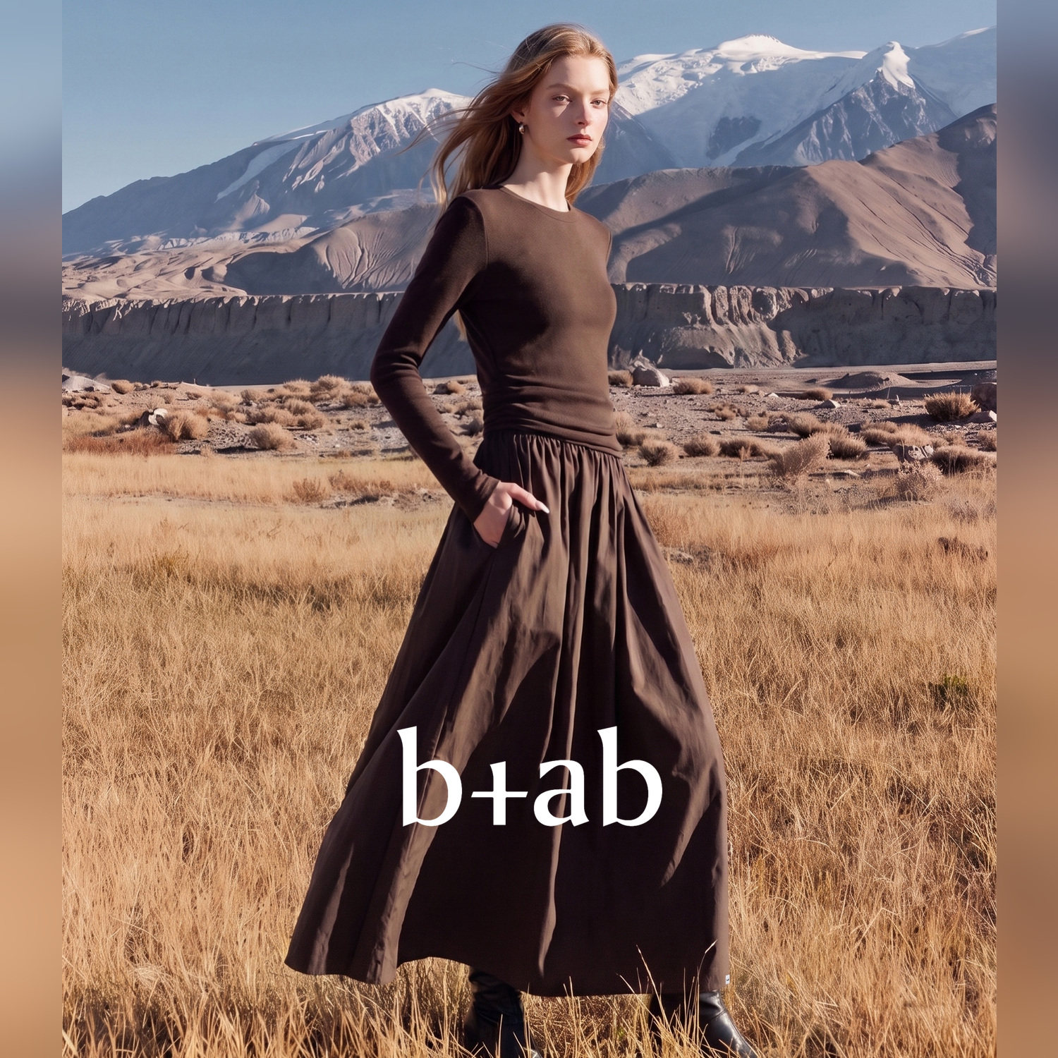 it b+ab 2026秋季新款长袖连衣裙咖啡色中长款圆领大摆纯色女款